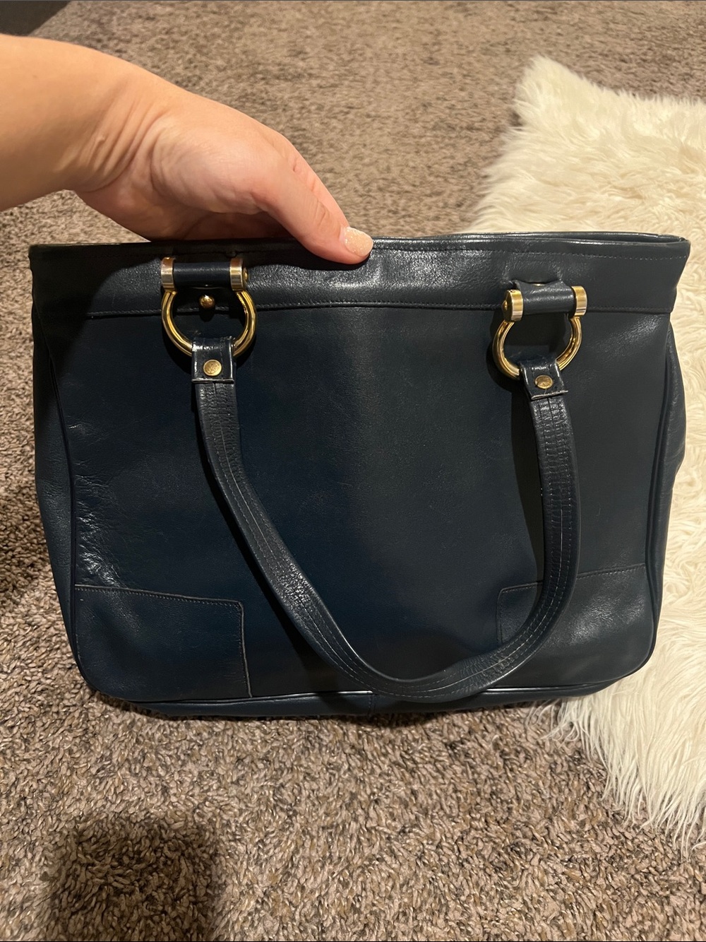 Structured Navy Leather Shoulder Bag with Gold Ring Accents